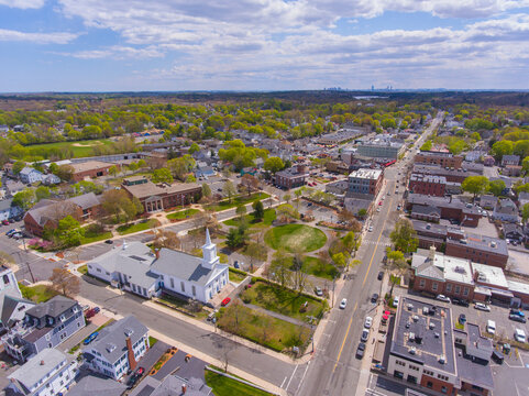First Congregational Church and Town Hall aerial view at Town Common in historic town center of Stoneham, Middlesex County, Massachusetts MA, USA. 