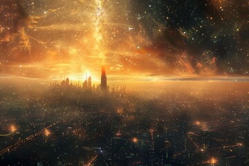 A large city illuminated by the twinkling stars in the night sky, A cityscape bombarded by cosmic rays from a nearby black hole