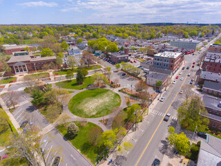 Stoneham Town Hall aerial view on Town Common in historic town center of Stoneham, Middlesex...