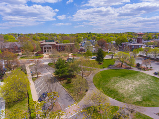 Stoneham Town Hall aerial view on Town Common in historic town center of Stoneham, Middlesex...