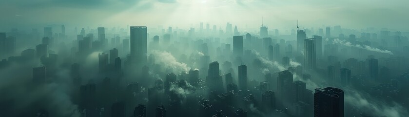 A wide angle view of a futuristic city with tall buildings and skyscrapers covered in clouds and fog.