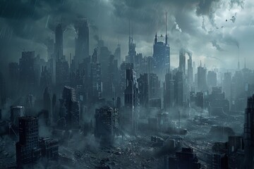 A vast city with numerous towering buildings creating a dense skyline, A cityscape engulfed in a nanotech plague