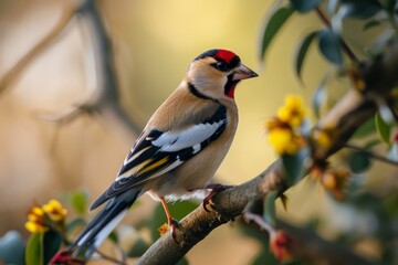 Obraz premium Wild Goldfinch perched on a branch, goldfinch bird, Carduelis carduelis, perched eating seeds during Winter season, Ai generated