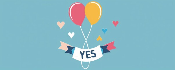 An uplifting icon of a balloon lifting a banner with the word YES, symbolizing ascent and affirmation in a straightforward graphic style