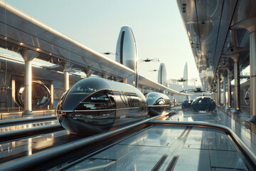A futuristic train station with a train