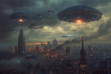 A group of aliens flying over a city at night, creating a scene of invasion and chaos, A cityscape invaded by extraterrestrial forces