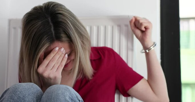 Desperate blonde woman cries handcuffed to radiator