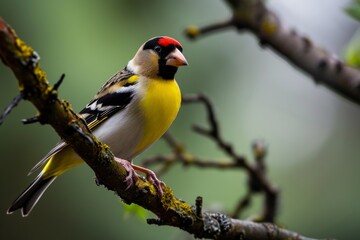 Wild Goldfinch perched on a branch, goldfinch bird, Carduelis carduelis, perched eating seeds  during Winter season, Ai generated