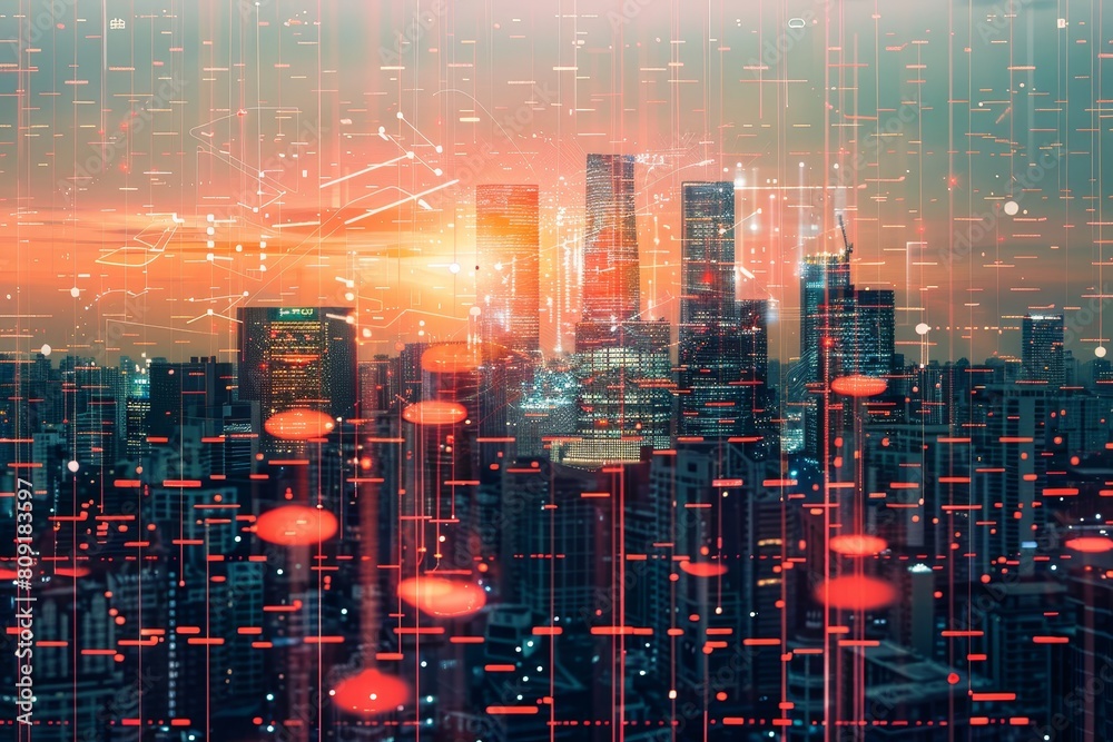 Poster a cityscape with numerous dots scattered across the sky due to quantum computing, a cityscape transf