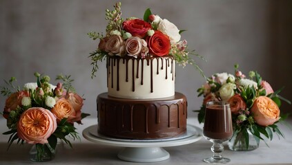 Obraz na płótnie Canvas Wedding cake with ganache topping and floral arrangements.