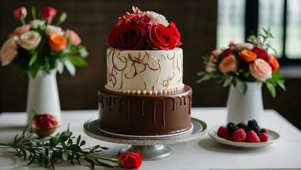 Wedding cake with ganache topping and floral arrangements.