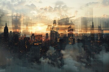 A city skyline obscured by layers of thick clouds, creating a dramatic and atmospheric scene, A cityscape where memories and identities can be uploaded and shared