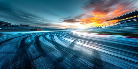 Obraz premium Deserted Formula One race track at sunrise with visible tire tracks. Concept Abandoned Racetrack, Sunrise Scenery, Tire Tracks, Formula One, Deserted Landscape