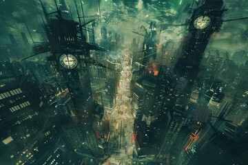 A chaotic city filled with towering buildings and numerous clocks scattered throughout, A cityscape where time is fractured and chaotic