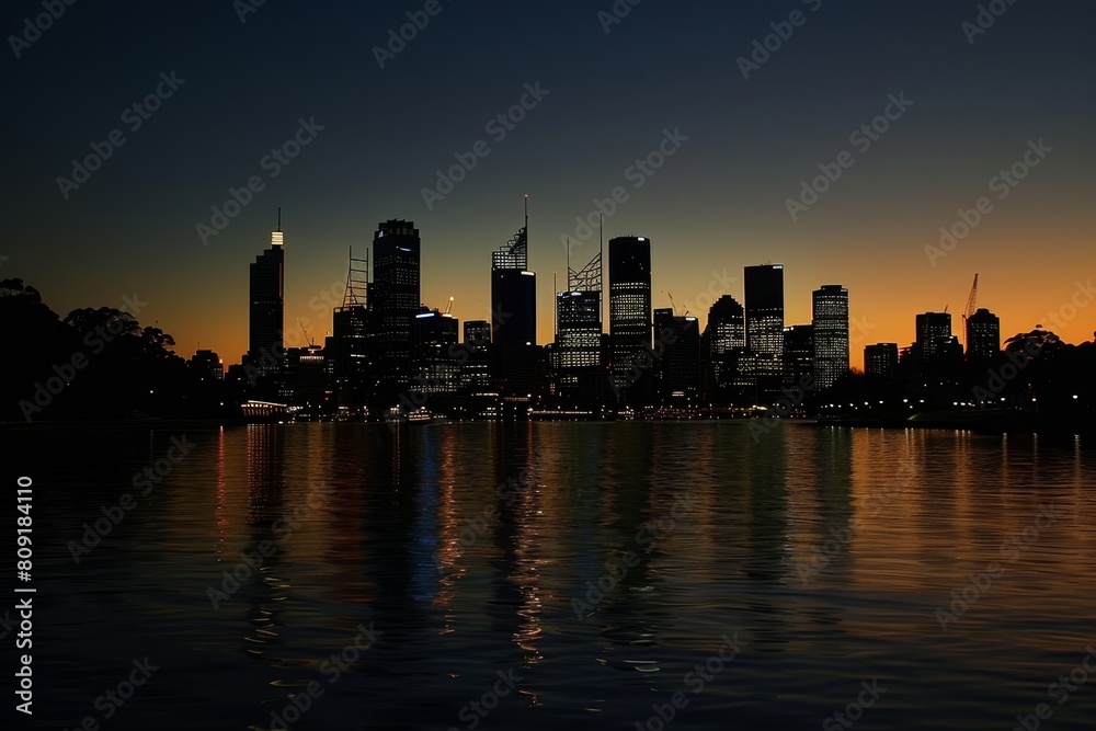 Wall mural A city skyline across water lit up at night, reflecting in the calm waters below, A city skyline slowly lighting up as the last traces of daylight disappear