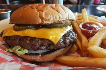 A classic American cheeseburger accompanied by crispy fries served on a plate, A classic American cheeseburger with a perfectly grilled patty, American cheese, and a dollop of ketchup