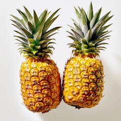 Two ripe pineapples are displayed on a white background