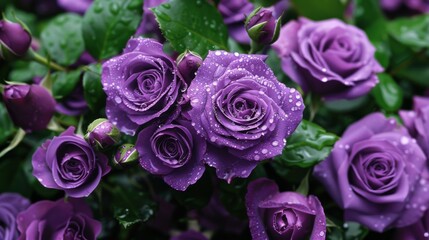 Purple roses with dew drops