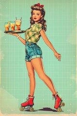 A girl in roller skates is holding a tray of cocktails