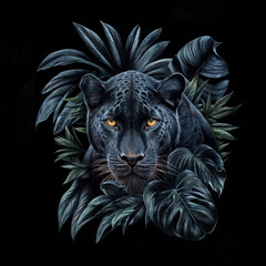 A black leopard surrounded by a circle of tropical leaves on a black background, with the eyes glowing brightly. T-shirt print design