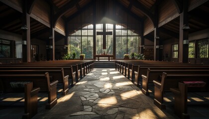 A church interior featuring stone flooring and rows of wooden pews