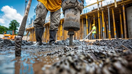 Construction worker controls concrete pouring at a building site.