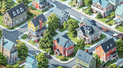 Isometric view of a vibrant suburban neighborhood on sunny day