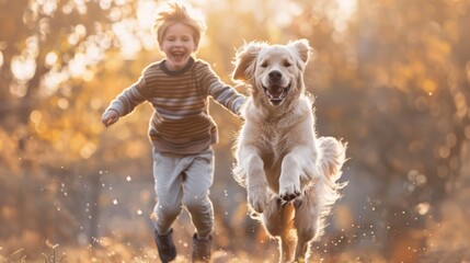 Happy child and golden retriever running together in autumn sunlight. Family fun and pet bonding concept