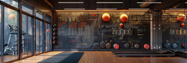 Fitness Center Wall: Adorned with workout motivation quotes, exercise equipment diagrams, and a schedule of fitness classes