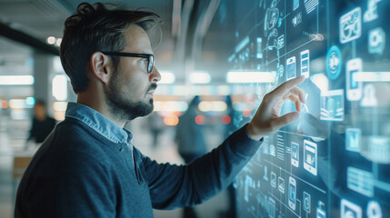A man in front of a transparent touch screen with icons presses buttons. Internet of Things, information technology.