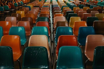 Fototapeta premium Colorful chairs arranged in rows in a spacious room, A classroom filled with rows of empty desks and chairs