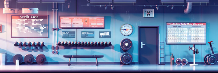 Fitness Center Wall: Adorned with workout motivation quotes, exercise equipment diagrams, and a schedule of fitness classes