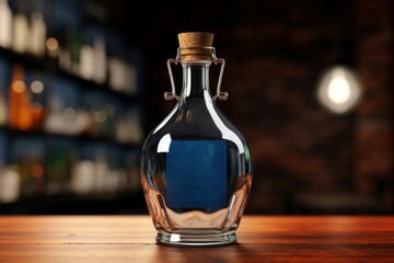Clear glass bottle with cork and empty label showcased with blurred bar background