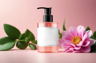 Elegant skincare bottle with a serene pink backdrop, harmonized with a delicate floral touch