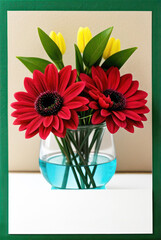 Postcard with red gerbera flowers and yellow tulips in a transparent vase