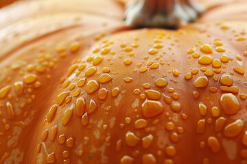 Close-up of a pumpkin with water droplets on its textured skin, A close-up detail of a pumpkin's textured skin - Powered by Adobe