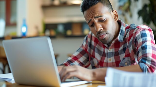 Focused African American Man Working Intensely on Laptop at Home