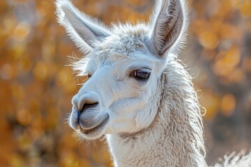 Obraz premium A close up of a fluffy white llama with expressive features, set against a blurred background, A close-up of a fluffy white llama with expressive eyes