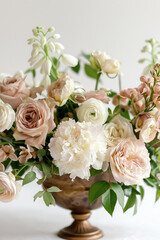 Arrangement of white and cream roses and ranunculus flowers in vintage gold vase