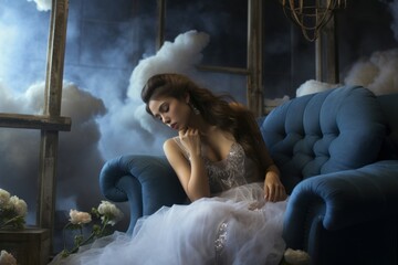 Elegant woman deep in thought, seated on a plush sofa with a surreal backdrop of clouds