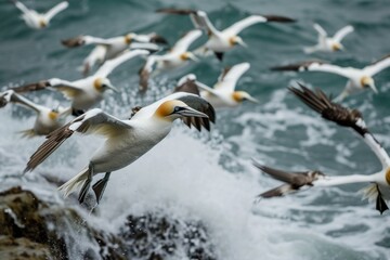 Northern gannets, Closeup shot of Northern gannets flying with a background of blue sea, Ai generaed