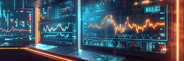 Financial Analyst's Wall: Adorned with stock market charts, financial reports, and a whiteboard with investment strategies
