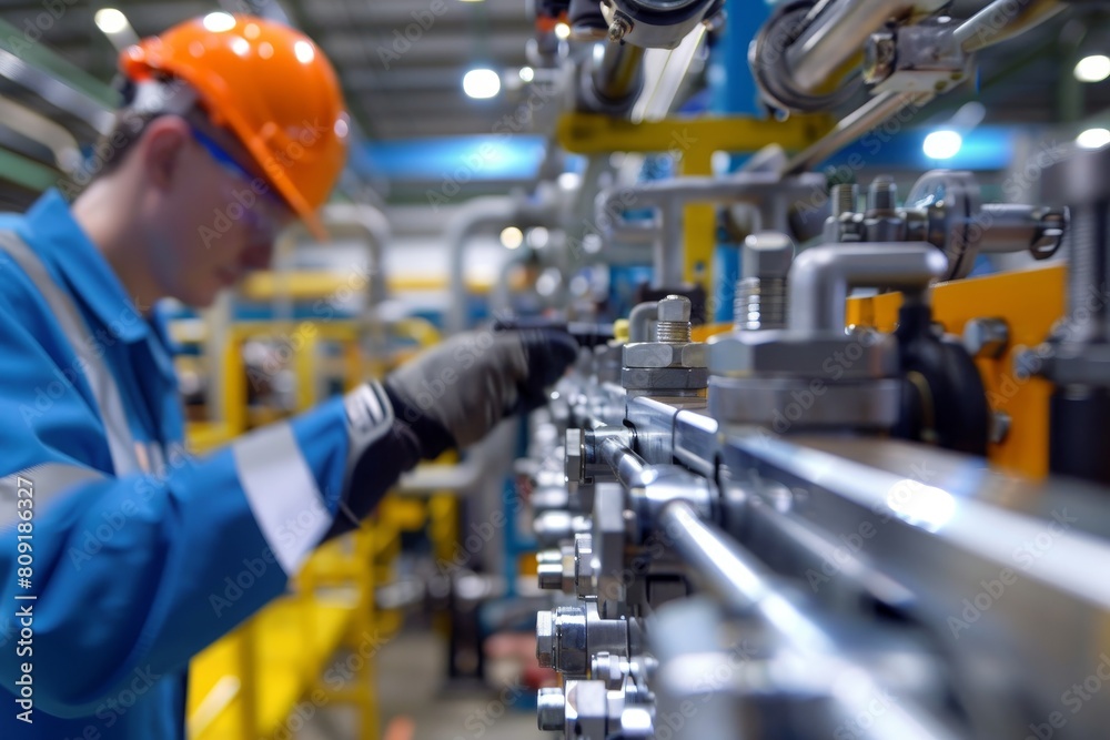 Poster a man in a factory carefully examines and works on a machine to ensure it is functioning correctly, 