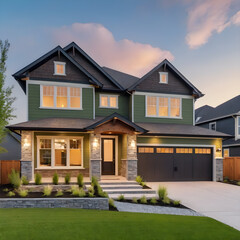 Luxury house exterior with garage and driveway at dusk. 