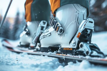 A skier wearing boots buckling into their skis on top of a snow-covered ground, A close-up of a skier's boots buckling into their bindings