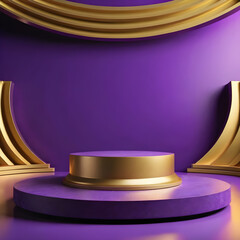 Abstract purple background with round podium and golden rings. 