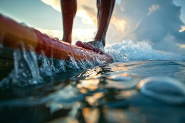 A person balances on a surfboard in the ocean, gripping the edge with their foot, A close-up of a surfer's foot gripping the edge of a board