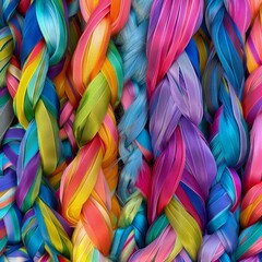 Closeup of a vibrant pile of multicolored yarn showing various textures and colors, A close-up of braids woven with colorful ribbons