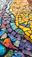 Detailed close-up of a vibrant mosaic tile, showcasing intricate patterns and colors merging together in a mesmerizing display