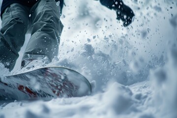 A snowboarder is skillfully descending a snow-covered hill, showcasing speed and agility, A close-up of dynamic snowboarder and their board cutting through powdery snow - Powered by Adobe